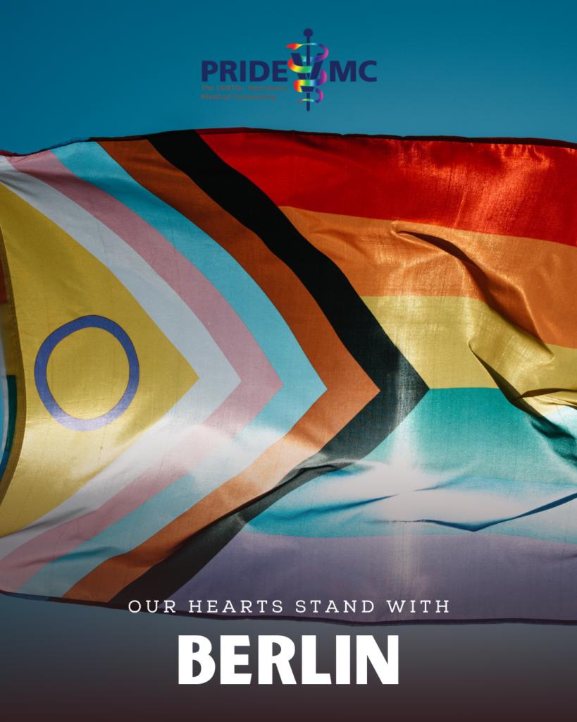 progressive pride flag waves in sky with the words Our Hearts Stand with berlin across the bottom of the image in white text.